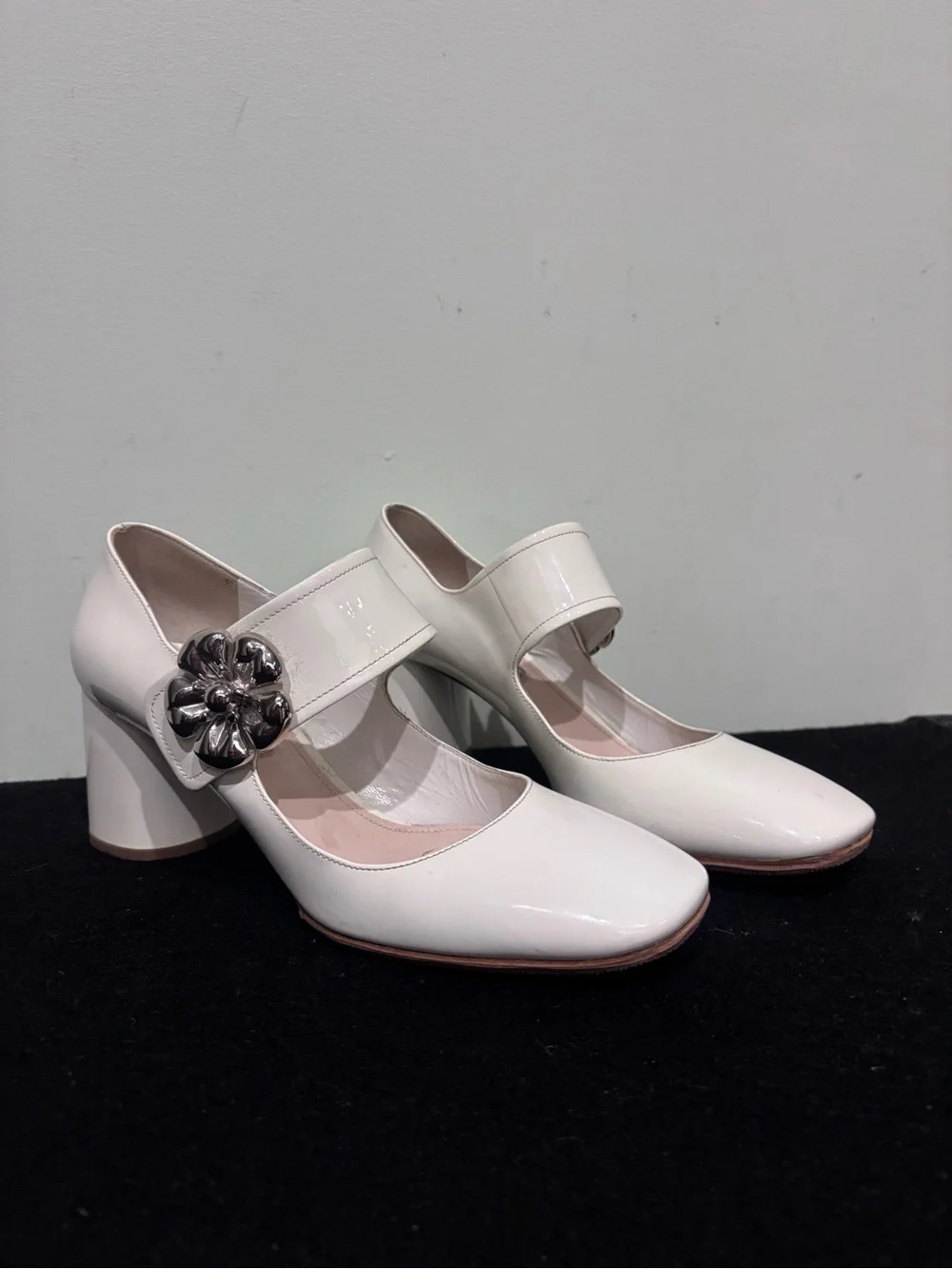 Prada White Patent Mary Jane Block Heel Pumps with Silver Floral Buckle